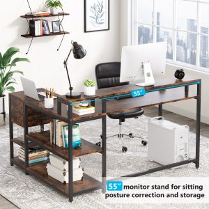 Reversible L-Shaped Desk, Industrial Corner Desk with Drawer & Shelves - Image 6