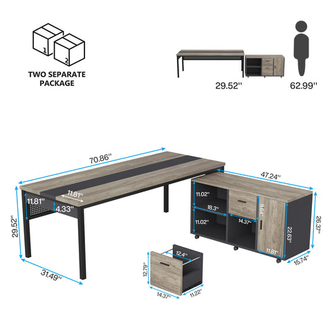 Industrial L-Shaped Desk, 71 inches Executive Desk with 47 inches Mobile File Cabinet