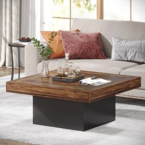 Square Coffee Table, Farmhouse Wood Cocktail Table with LED Light - Image 3