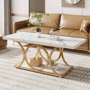 Rectangle Coffee Table, 47.24" Center Table with Faux Marble Top
