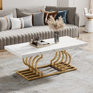 Rectangular Coffee Table, 47" Faux Marble Cocktail Table with Geometric Frame