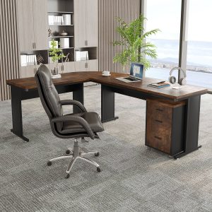 83" L-Shaped Desk, Industrial Corner Executive Desk with Mobile File Cabinet - Image 3