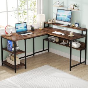 Reversible L-Shaped Desk, 59" Corner Desk with Shelves & Monitor Stand - Image 3