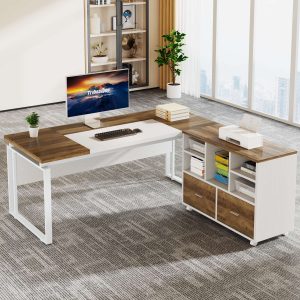 L-Shaped Executive Desk, 63" Computer Desk with Mobile File Cabinet - Image 8