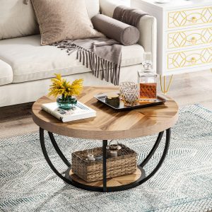 Wooden Coffee Table, 2-Tier Round Central Cocktail Table with Shelves - Image 4
