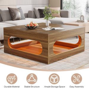 2-Tier Coffee Table, Wood Square Center Tea Table with LED Strip Light - Image 6