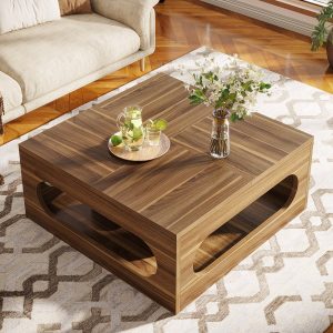 2-Tier Coffee Table, Wood Square Center Tea Table with LED Strip Light - Image 4