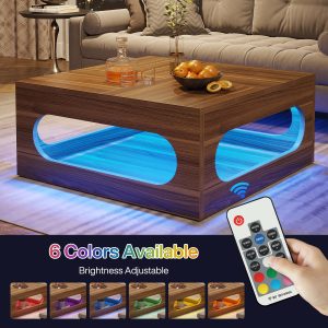 2-Tier Coffee Table, Wood Square Center Tea Table with LED Strip Light - Image 5
