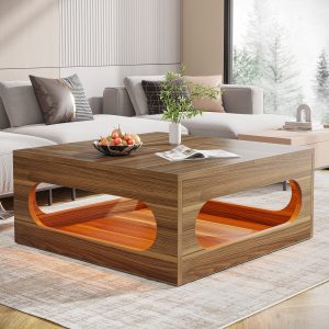 2-Tier Coffee Table, Wood Square Center Tea Table with LED Strip Light - Image 3