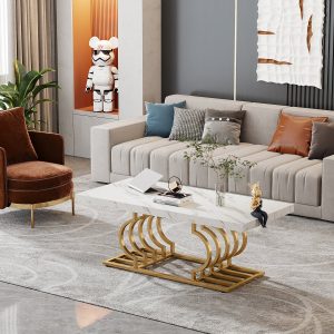 Rectangular Coffee Table, 47" Faux Marble Cocktail Table with Geometric Frame - Image 3