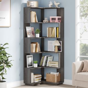 6-Tier Corner Bookshelf, 64.96" Corner Bookcase with Anti-Drop Panel - Image 9