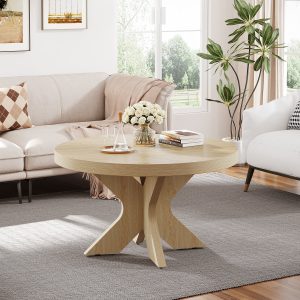 31.5" Wood Coffee Table, Round Center Table With Double X-Shaped Base - Image 3