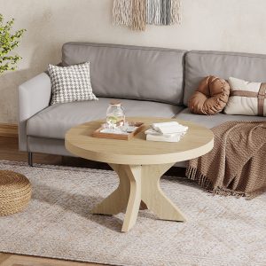 31.5" Wood Coffee Table, Round Center Table With Double X-Shaped Base - Image 5