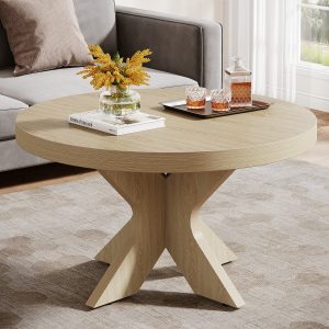 31.5" Wood Coffee Table, Round Center Table With Double X-Shaped Base