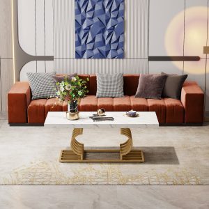 Rectangular Coffee Table, 47" Faux Marble Cocktail Table with Geometric Frame - Image 4