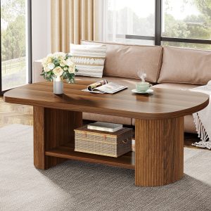 45" Coffee Table, Modern Oval 2-Tier Center Table With Storage - Image 3
