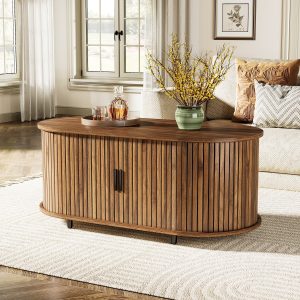 47" Coffee Table, Oval Center Table with Sliding Door - Image 4