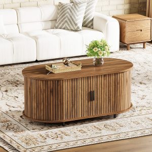 47" Coffee Table, Oval Center Table with Sliding Door