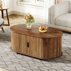 47" Coffee Table, Oval Center Table with Sliding Door - Image 3
