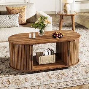 47" Coffee Table, Oval Center Table with Sliding Door - Image 6