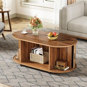 47" Coffee Table, Oval Center Table with Sliding Door - Image 5