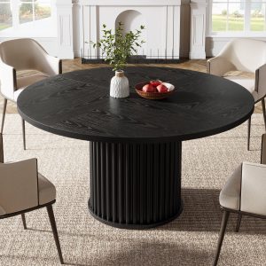 47" Round Dining Table, Wood Kitchen Table With Sturdy Fluted Metal Base