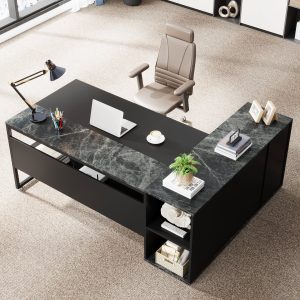 Large L-Shaped Desk, 71 inch Executive Desk with Shelves & Cabinet - Image 4