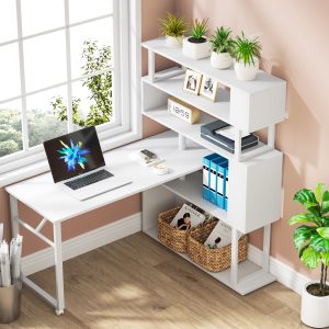 Rotating Desk with 5-Tier Bookshelf, Reversible Computer Desk with Wheels - Image 4