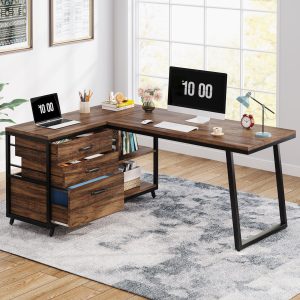 53" Reversible L-Shaped Computer Desk With 3 Drawers & Shelves - Image 3