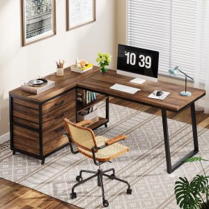 53" Reversible L-Shaped Computer Desk With 3 Drawers & Shelves - Image 4