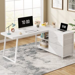 53" Reversible L-Shaped Computer Desk With 3 Drawers & Shelves - Image 10