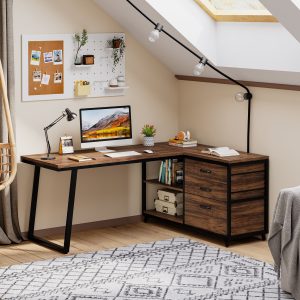 53" Reversible L-Shaped Computer Desk With 3 Drawers & Shelves - Image 5
