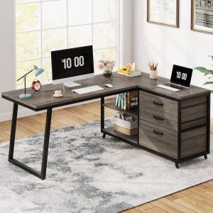 53" Reversible L-Shaped Computer Desk With 3 Drawers & Shelves - Image 8