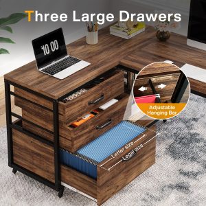 53" Reversible L-Shaped Computer Desk With 3 Drawers & Shelves - Image 6
