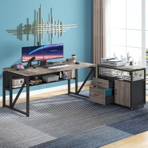 55" / 63" L-Shaped Executive Desk with Storage Shelves and Mobile File Cabinet(2 Drawers and 1 Storage Compartment) - Image 13