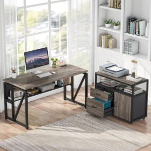 55" / 63" L-Shaped Executive Desk with Storage Shelves and Mobile File Cabinet(2 Drawers and 1 Storage Compartment) - Image 15