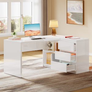 55" Executive Desk, L-Shaped Computer Desk Corner Desk with 3 Drawers