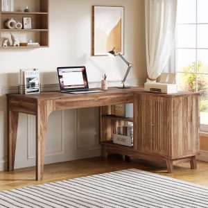 57" L-Shaped Corner Desk, Wood Computer Desk Study Writing Table with Cabinet - Image 4