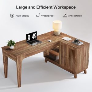 57" L-Shaped Corner Desk, Wood Computer Desk Study Writing Table with Cabinet - Image 6