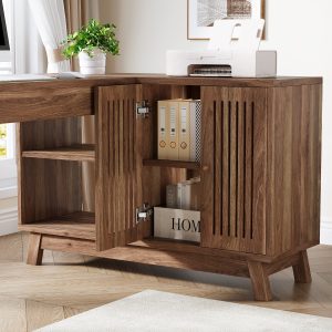 57" L-Shaped Corner Desk, Wood Computer Desk Study Writing Table with Cabinet - Image 5