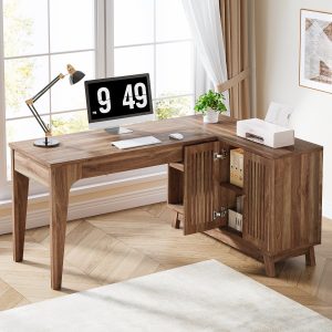 57" L-Shaped Corner Desk, Wood Computer Desk Study Writing Table with Cabinet - Image 3