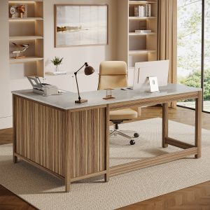 57" L-Shaped Executive Desk with Shelves and Faux Marble Desktop