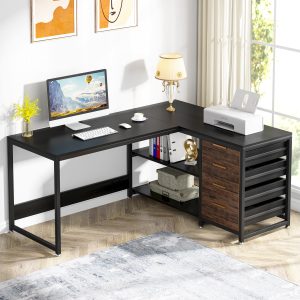 59" L-Shaped Desk, Reversible Corner Desk with Drawers & Shelves