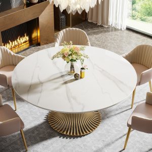 59" Sintered Stone Round Dining Table with Gold Stainless Steel Pedestal - Image 5