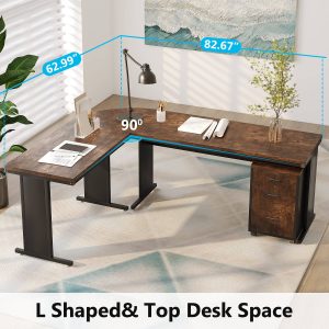 83" L-Shaped Desk, Industrial Corner Executive Desk with Mobile File Cabinet - Image 4