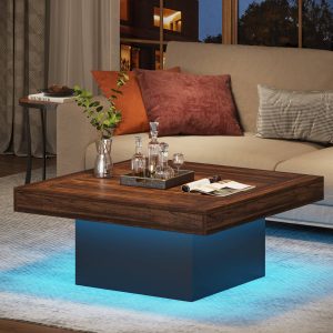 Square Coffee Table, Farmhouse Wood Cocktail Table with LED Light - Image 4