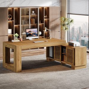63" Computer Desk, L-shaped Executive Desk with Storage Cabinets