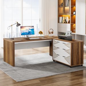 63" Executive Desk, L Shaped Computer Desk with Storage Cabinet and Drawers