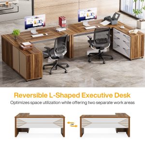 63" Executive Desk, L Shaped Computer Desk with Storage Cabinet and Drawers - Image 6