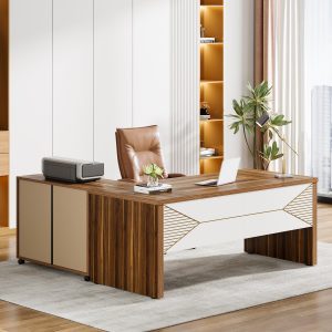 63" Executive Desk, L Shaped Computer Desk with Storage Cabinet and Drawers - Image 3